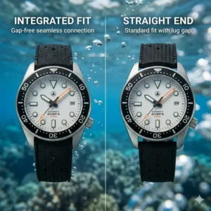 Diagram showing the integrated fit of the best rubber straps for dive watches on a watch case.