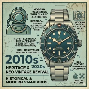 A Neo-Vintage Tudor Black Bay illustration showing the return to heritage designs in the modern evolution of dive watches over the decades.