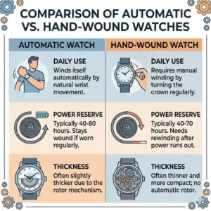 Comparison table summarizing the difference between automatic and hand-wound watches.
