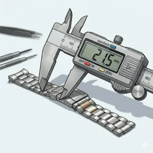 Measuring band thickness with digital calipers to select the best tools for resizing watch bracelets accurately.
