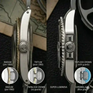 Detailed view of the luminous materials and dial updates throughout the history of rolex submariner design.