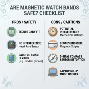 A comprehensive checklist infographic summarizing the final verdict on whether magnetic watch bands safe or not.