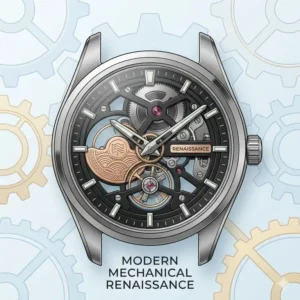A modern skeleton wristwatch illustration representing the enduring legacy and contemporary revival in the history of the automatic watch.