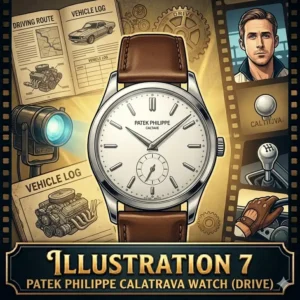 Ryan Gosling's character in Drive with a close-up of the minimalist silver Patek Philippe Calatrava watch on a brown leather strap, one of the most notable famous watches worn by movie characters.
