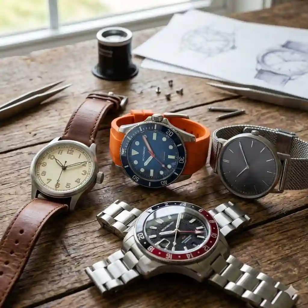 A beautiful flat-lay of unique independent timepieces on a wooden desk, illustrating the rise of microbrand watches in the USA.
