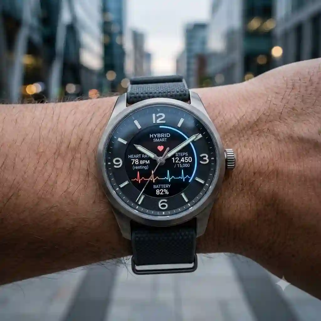 A premium lifestyle shot showcasing the future of hybrid smartwatches, blending traditional mechanical hands with a hidden digital display on a wrist.
