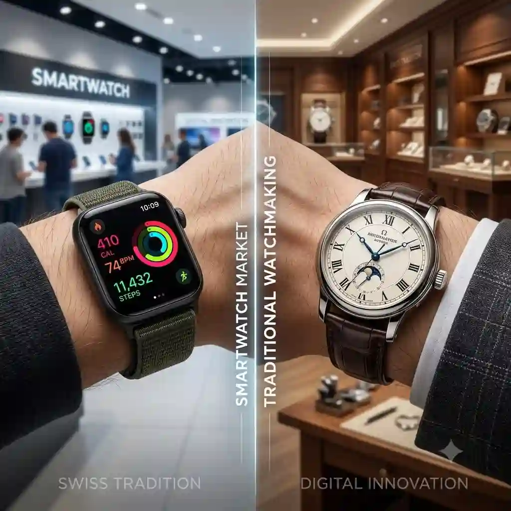 A visual comparison between a modern digital watch and a mechanical timepiece showing how smartwatch sales affect traditional watchmakers.