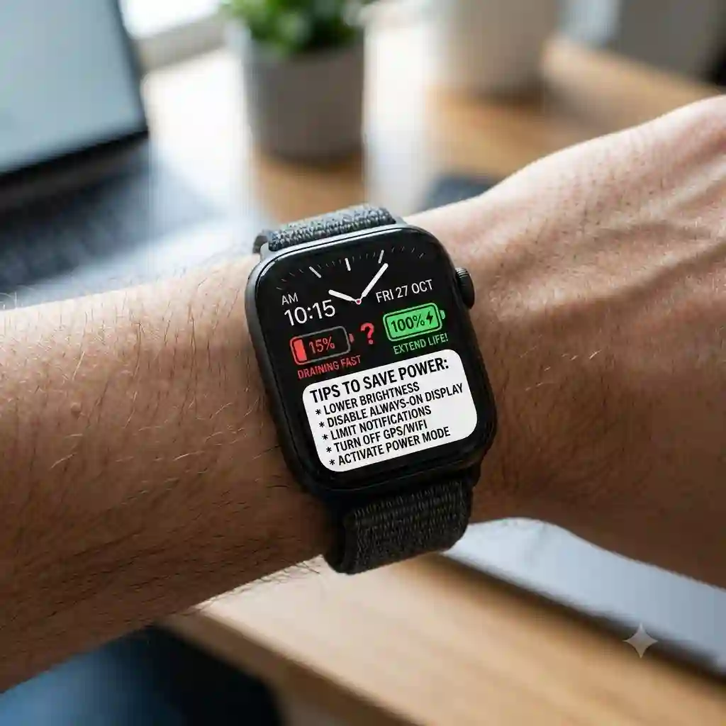 A close-up of a smartwatch displaying a low battery icon next to a fully charged battery graphic, illustrating how to extend smartwatch battery life.