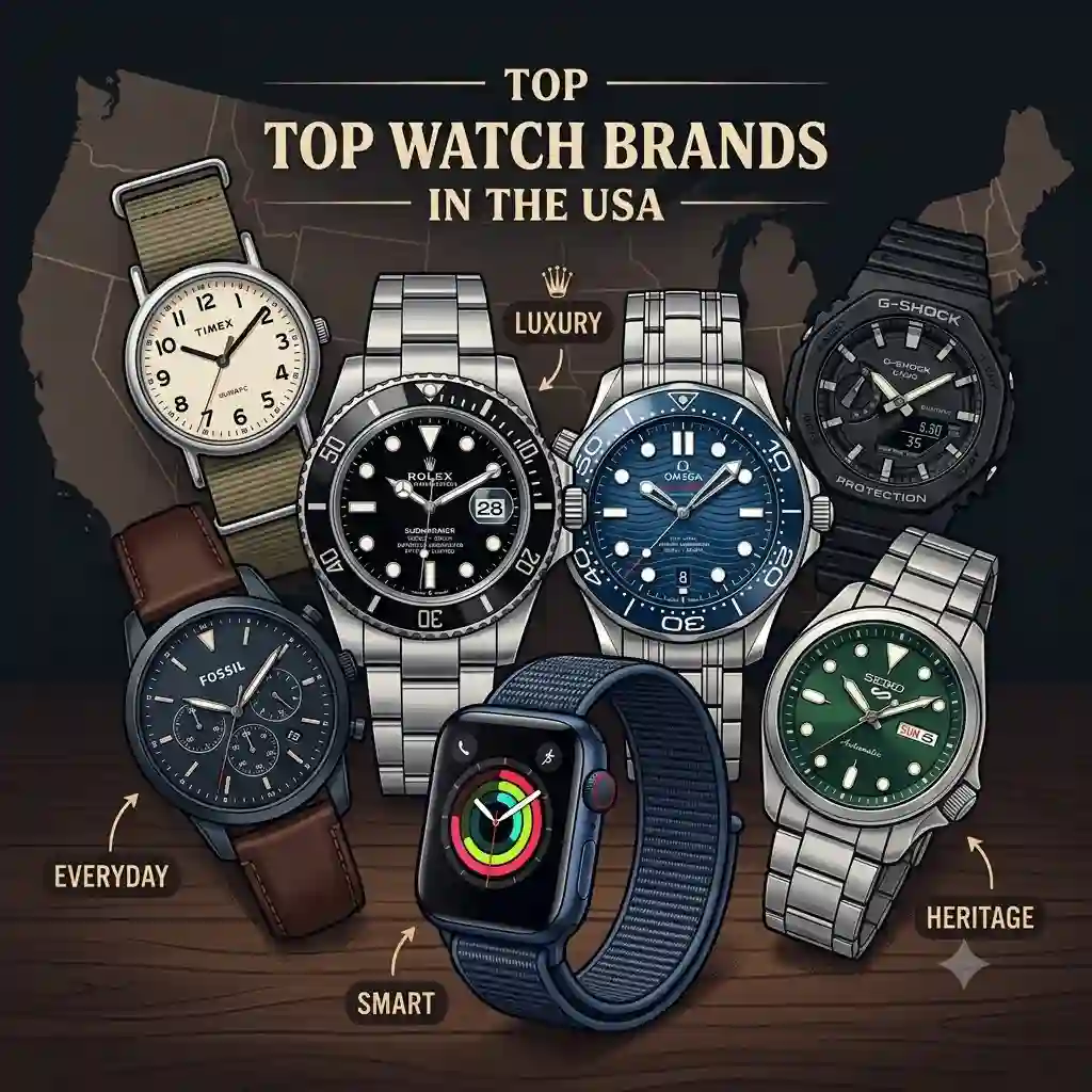 A curated graphic showcasing a collection of luxury, smart, and lifestyle timepieces representing the most popular watch brands in the USA.