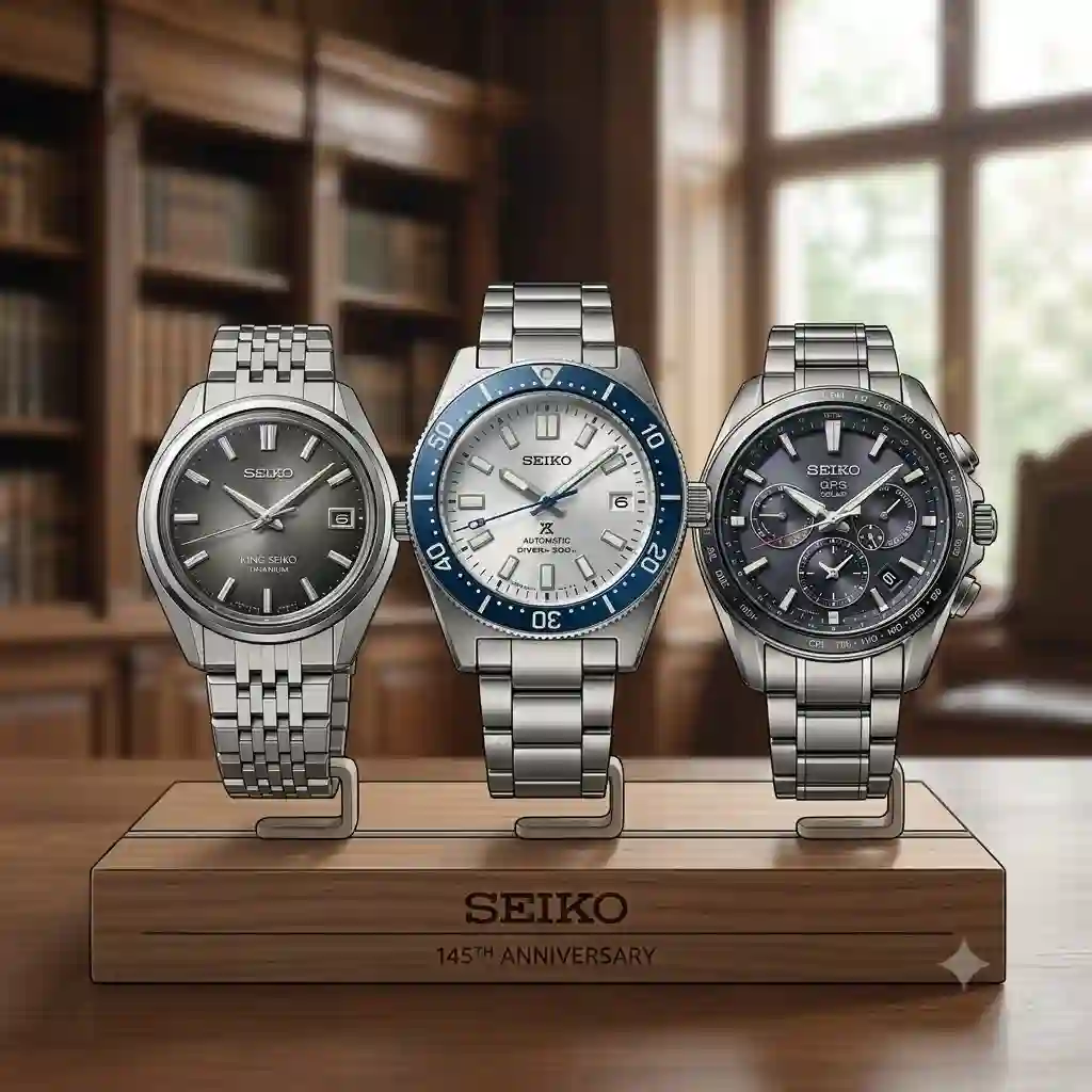 A group display showcasing the new seiko releases 2026 collection, including the 145th Anniversary lineup.