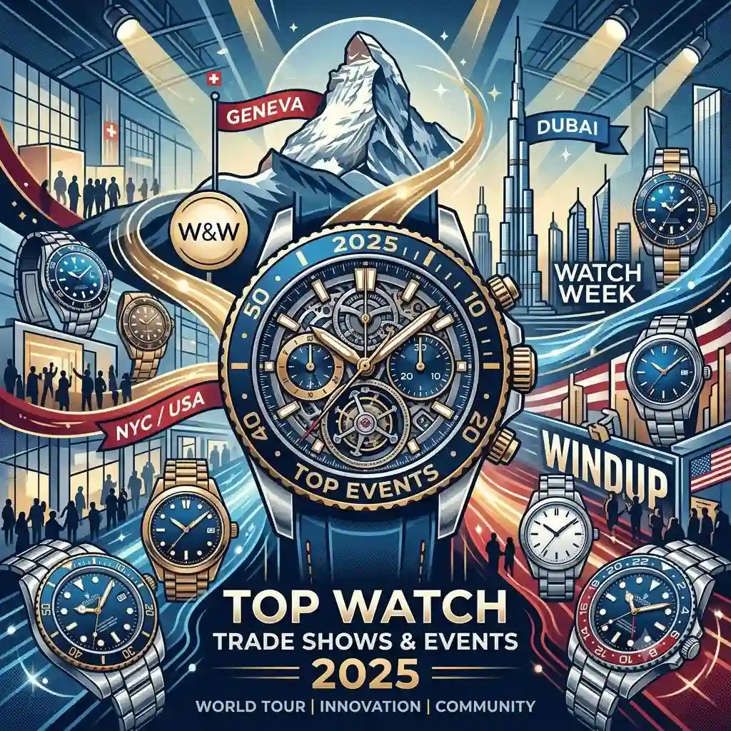 Luxury timepieces on display at the top watch trade shows and events 2025 exhibition hall.