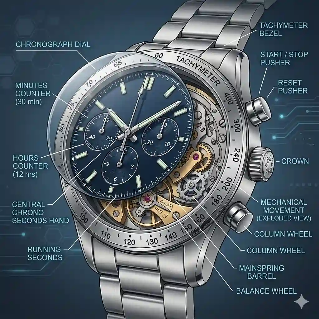 A luxury mechanical timekeeper with stopwatch sub-dials, visually explaining what is a chronograph watch and how it works.