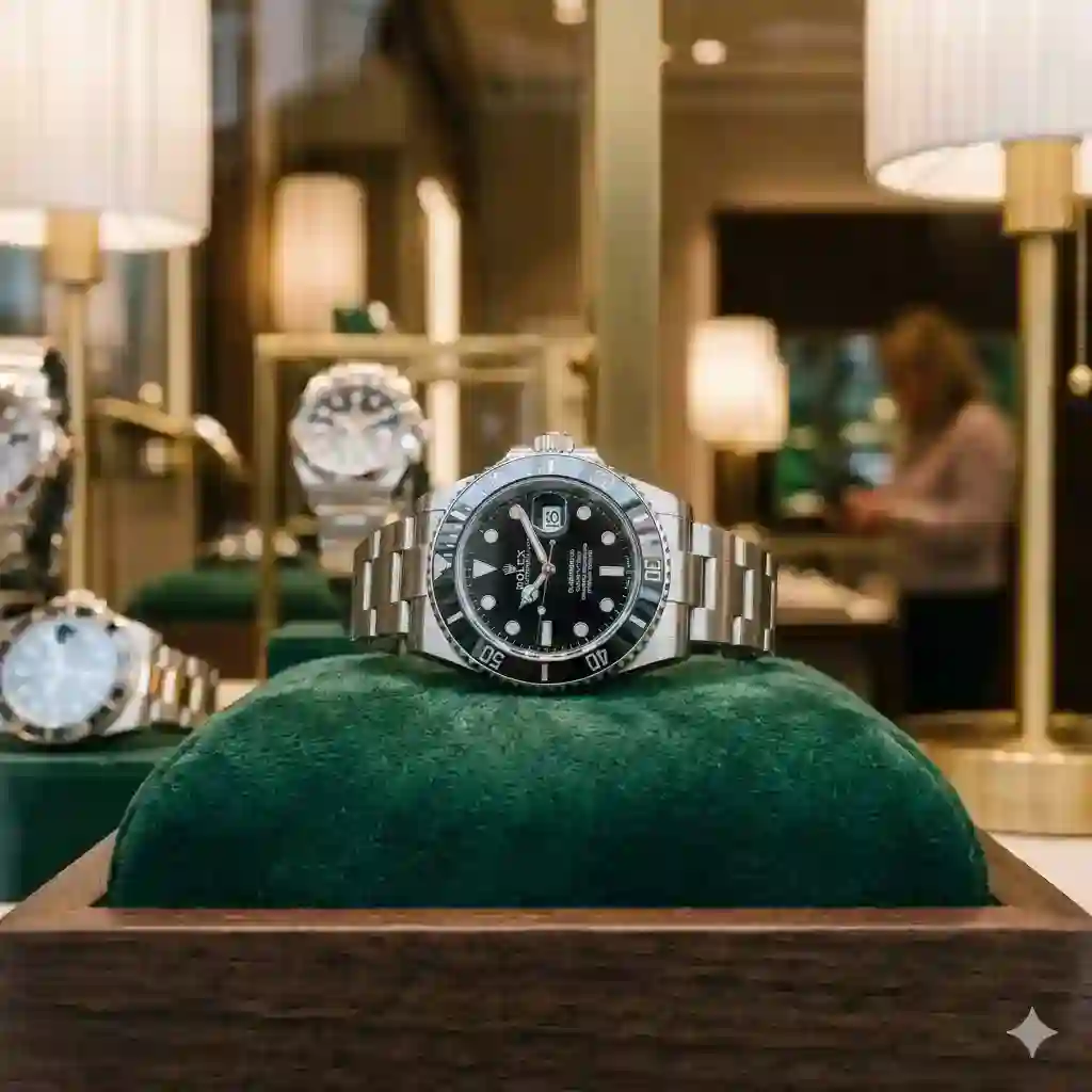 A close-up photograph of a premium Swiss timepieces on display, illustrating why luxury watches are getting more expensive.