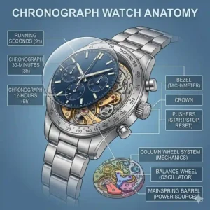 A detailed diagram with labels showing the parts and anatomy of what is a chronograph watch and how it works.