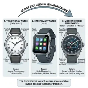 A diagram illustrating the design evolution from traditional analog timepieces to the future of hybrid smartwatches.