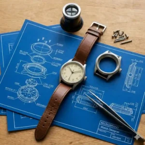 A detailed illustration showing a watch designer crafting a custom timepiece, representing the rise of microbrand watches in the USA.