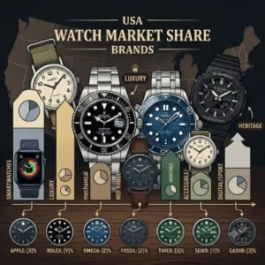 An infographic chart detailing the market share and consumer preference metrics for the most popular watch brands in the USA.