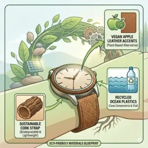 An illustrated guide to eco-materials used by leading sustainable and eco-friendly watch brands.