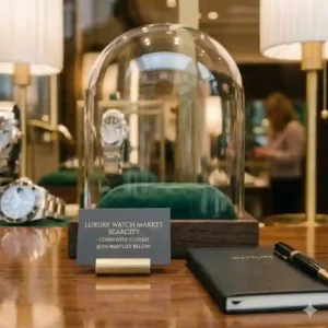 A luxury watch display case under glass with a waitlist card, showing why luxury watches are getting more expensive.
