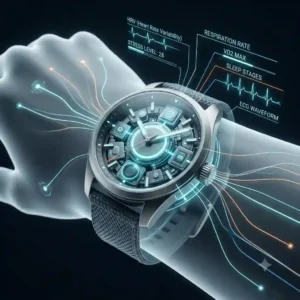 A conceptual illustration of advanced biometric sensors and health monitoring technology integrated into the future of hybrid smartwatches.