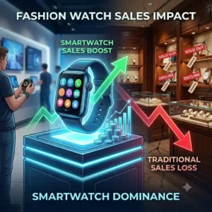 A retail scene demonstrating how smartwatch sales affect traditional watchmakers by shifting consumer interest.