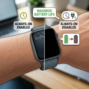 A side-by-side comparison of a smartwatch with always-on display enabled versus disabled to optimize power consumption and how to extend smartwatch battery life.