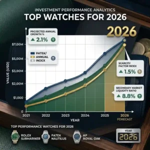 A line graph demonstrating the price growth trends and historical market value appreciation index for top investment watches for 2026 like Audemars Piguet and Patek Philippe.