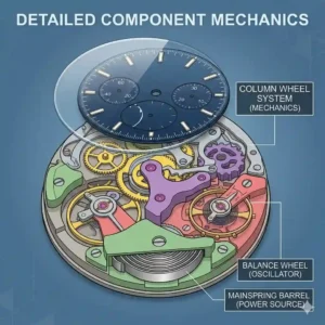 A close-up view of a finger pressing the pusher buttons to demonstrate what is a chronograph watch and how it works.