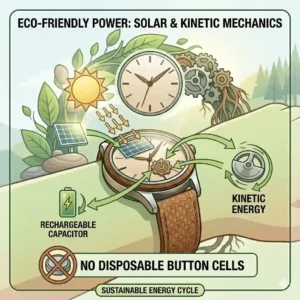 Graphic illustrating the clean mechanics used by modern sustainable and eco-friendly watch brands.