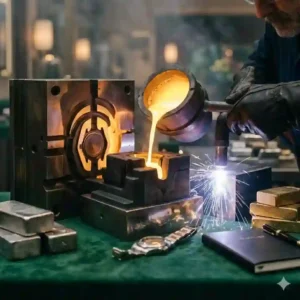 A manufacturing scene featuring crucible pouring molten gold for cases, highlighting why luxury watches are getting more expensive.