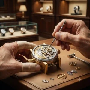 A master artisan working on a mechanical movement, highlighting the resilience of brands as how smartwatch sales affect traditional watchmakers.