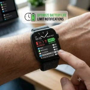 An illustration showing a smartphone settings menu filtering out non-essential app notifications, an important tip on how to extend smartwatch battery life.