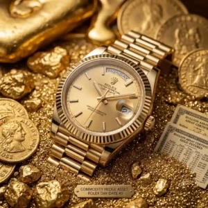 Macro photograph of an 18k yellow gold Rolex Day-Date 40 President watch serving as a commodity hedge asset among top investment watches for 2026.