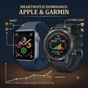 A comparative graphic of an Apple Watch and a Garmin smartwatch displaying health metrics, illustrating the tech sector within the most popular watch brands in the USA.