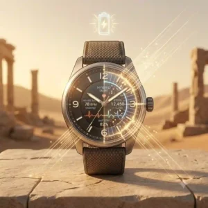 An infographic detailing the extended battery life and transparent solar charging technology defining the future of hybrid smartwatches.
