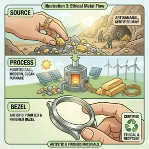 Artistic illustration depicting ethical and recycled metal sourcing for sustainable and eco-friendly watch brands.