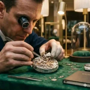 A watchmaker in a loupe assembling an intricate mechanical movement, explaining why luxury watches are getting more expensive.