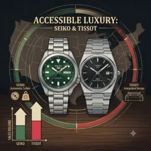 A visual presentation of automatic steel watches from Seiko and Tissot, representing affordable everyday luxury choices from the most popular watch brands in the USA.