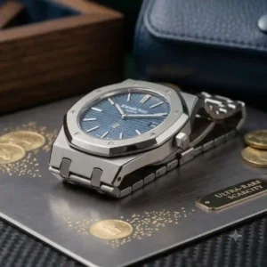 Side-view showing the iconic octagonal bezel of a titanium and platinum Audemars Piguet Royal Oak, an ultra-rare luxury watch holding its value among top investment watches for 2026.