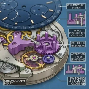 The internal gears and mechanical caliber components showing what is a chronograph watch and how it works under the dial.