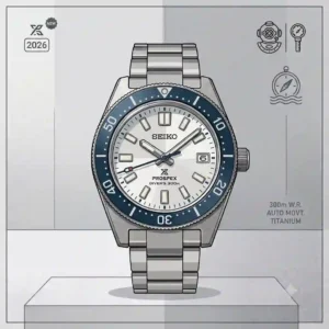 A refined close-up of the new seiko releases 2026 Prospex diver with a blue bezel and white dial.