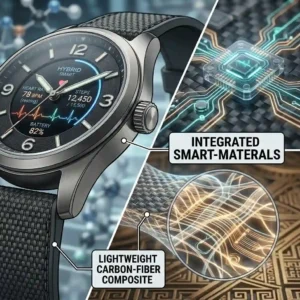 Close-up view of innovative materials and smart straps shaping the future of hybrid smartwatches.