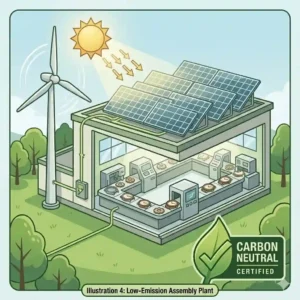 Flat-lay vector illustration of a low-emission factory belonging to sustainable and eco-friendly watch brands.