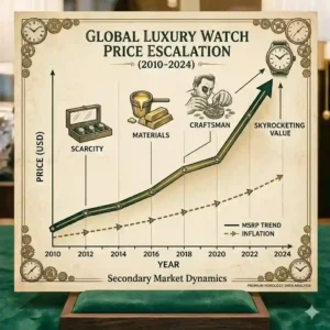 An illustrative line graph titled 'GLOBAL LUXURY WATCH PRICE ESCALATION', depicting why luxury watches are getting more expensive.