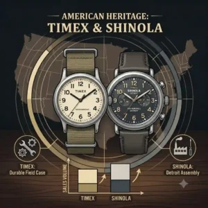 A product graphic highlighting timeless heritage watches from Timex and Shinola, focusing on domestic assembly options among the most popular watch brands in the USA.