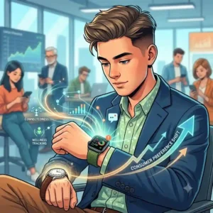 A young professional choosing a digital wearable, which highlights how smartwatch sales affect traditional watchmakers.