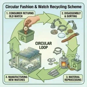 Infographic explaining the circular lifecycle loop and watch recycling programs of sustainable and eco-friendly watch brands.