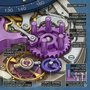 An educational graphic on using the outer tachymeter scale to measure speed, clarifying what is a chronograph watch and how it works.