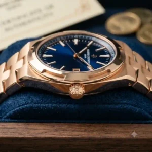 A rose gold Vacheron Constantin Overseas watch with a striking blue dial showcasing secondary market liquidity for alternative top investment watches for 2026.