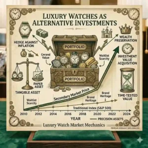 An ornate illustration of a treasure chest filled with timepieces as assets, demonstrating why luxury watches are getting more expensive.